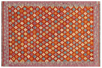 Flat Weave Kilim, Antique, Navaho, Vintage, Handmade, Modern Kilim Rust Purple Hand-Woven Rectangle 100% Wool Area Rug 3 x 5